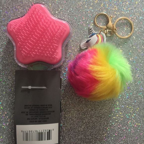 Unicorn  Pom Keychain and Hair brush - Picture 3 of 5